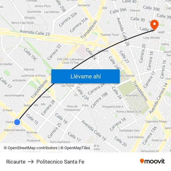 Ricaurte to Politecnico Santa Fe map