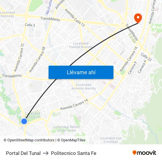 Portal Del Tunal to Politecnico Santa Fe map