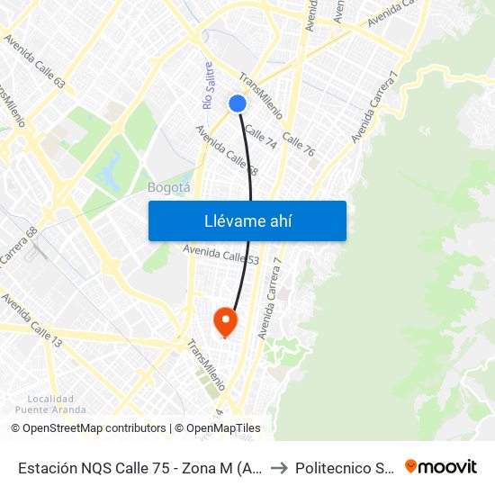 Estación NQS Calle 75 - Zona M (Av. NQS - Cl 75) to Politecnico Santa Fe map