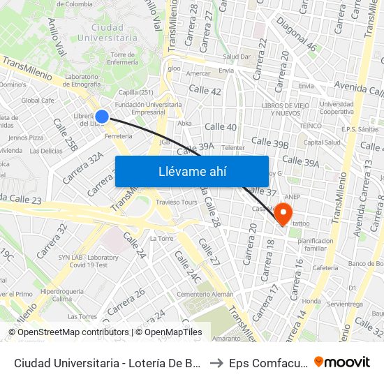 Ciudad Universitaria - Lotería De Bogotá to Eps Comfacundi map