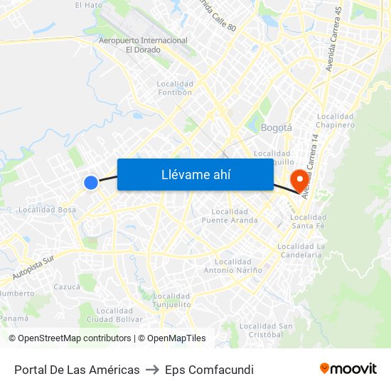 Portal De Las Américas to Eps Comfacundi map