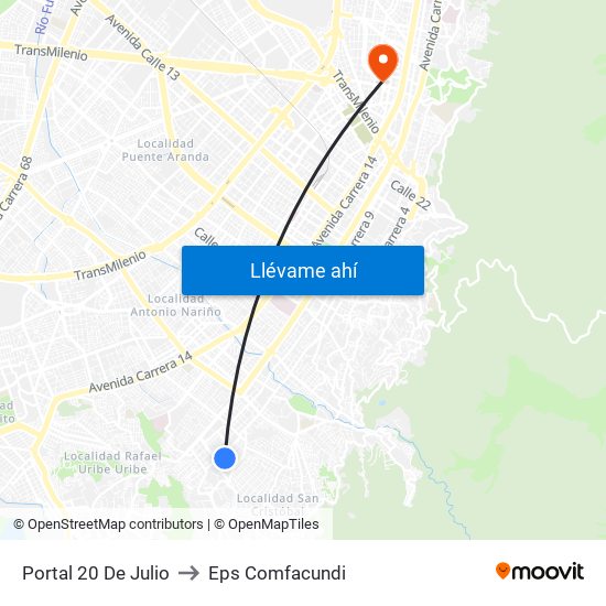 Portal 20 De Julio to Eps Comfacundi map
