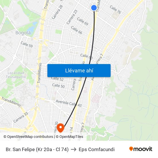 Br. San Felipe (Kr 20a - Cl 74) to Eps Comfacundi map