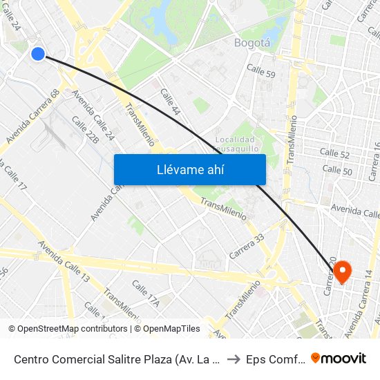 Centro Comercial Salitre Plaza (Av. La Esperanza - Kr 68b) to Eps Comfacundi map