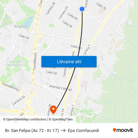 Br. San Felipe (Ac 72 - Kr 17) to Eps Comfacundi map