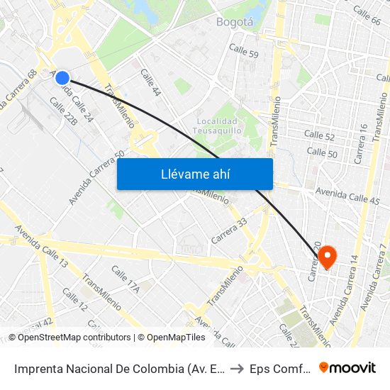 Imprenta Nacional De Colombia (Av. Esperanza - Kr 66) to Eps Comfacundi map