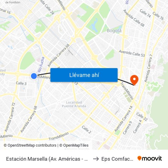 Estación Marsella (Av. Américas - Kr 69b) to Eps Comfacundi map