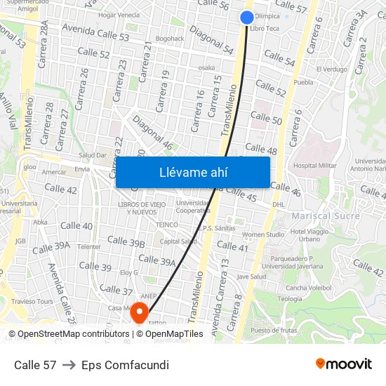 Calle 57 to Eps Comfacundi map