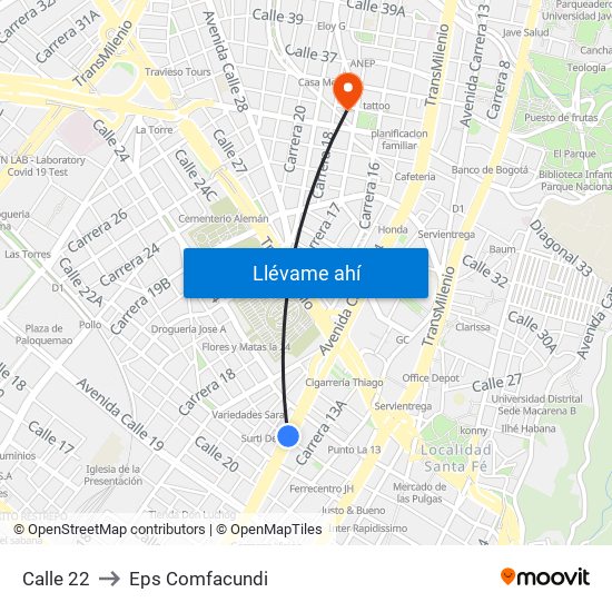 Calle 22 to Eps Comfacundi map