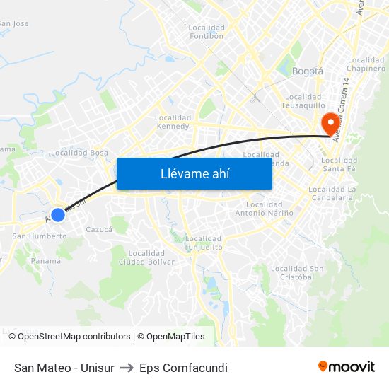 San Mateo - Unisur to Eps Comfacundi map