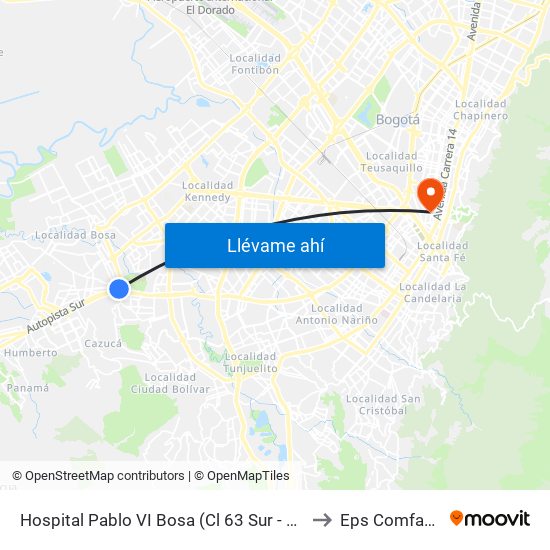 Hospital Pablo VI Bosa (Cl 63 Sur - Kr 77g) (A) to Eps Comfacundi map