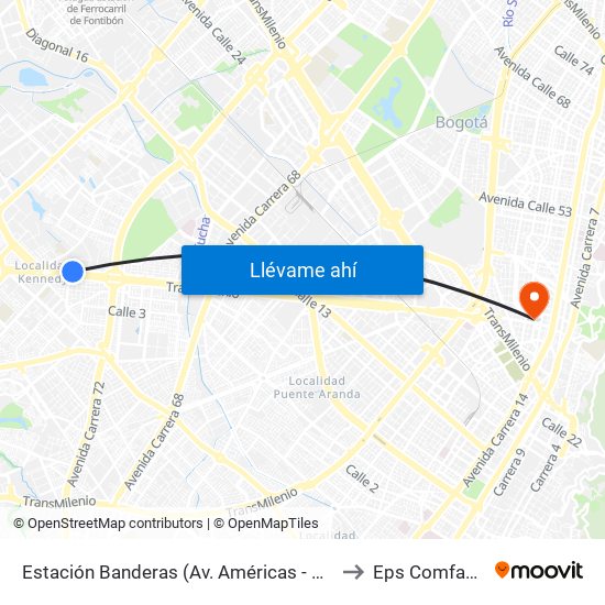 Estación Banderas (Av. Américas - Kr 78a) (A) to Eps Comfacundi map