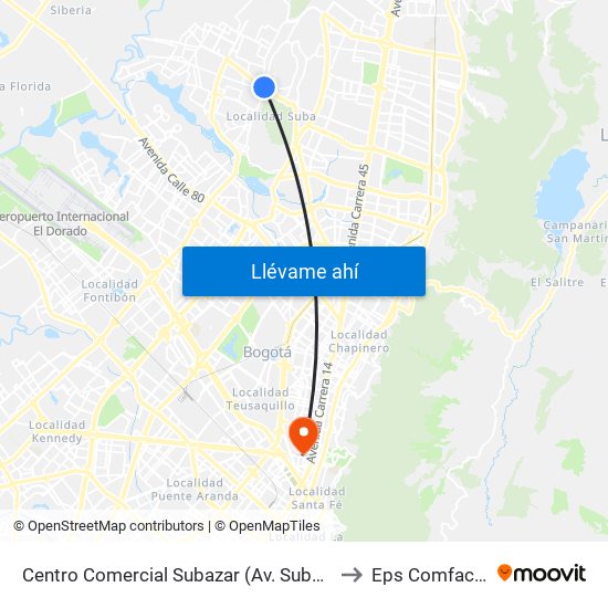 Centro Comercial Subazar (Av. Suba - Kr 91) to Eps Comfacundi map