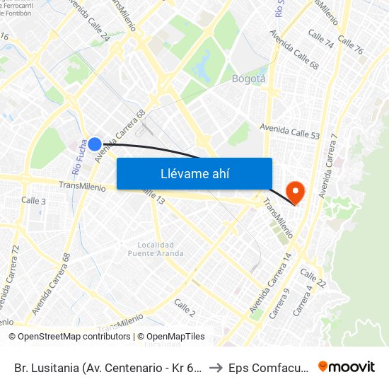 Br. Lusitania (Av. Centenario - Kr 68b) to Eps Comfacundi map