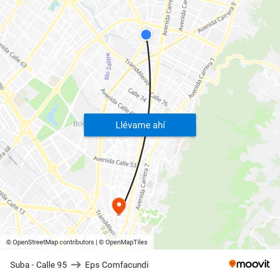 Suba - Calle 95 to Eps Comfacundi map