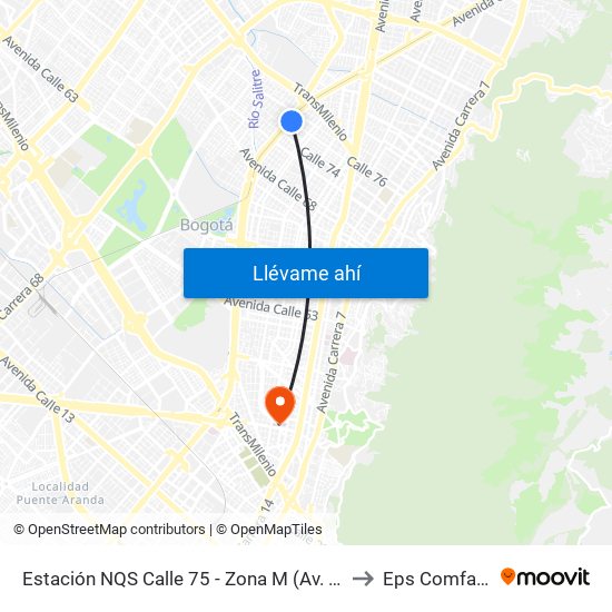 Estación NQS Calle 75 - Zona M (Av. NQS - Cl 75) to Eps Comfacundi map