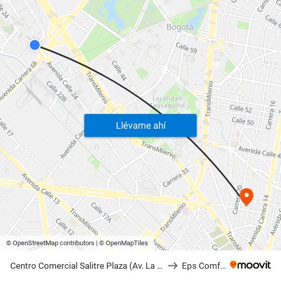 Centro Comercial Salitre Plaza (Av. La Esperanza - Kr 68a) to Eps Comfacundi map