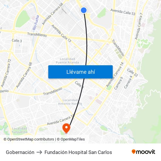 Gobernación to Fundación Hospital San Carlos map