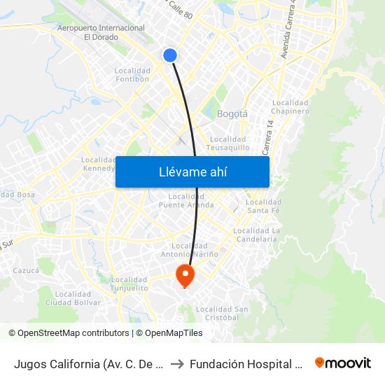 Jugos California (Av. C. De Cali - Ac 63) to Fundación Hospital San Carlos map
