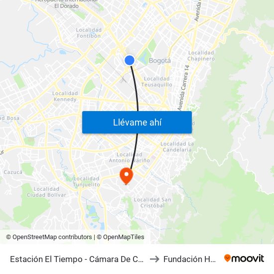 Estación El Tiempo - Cámara De Comercio De Bogotá (Ac 26 - Kr 68b Bis) to Fundación Hospital San Carlos map