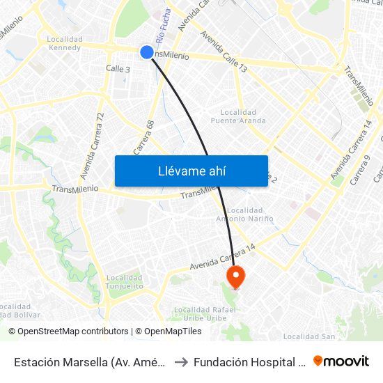 Estación Marsella (Av. Américas - Kr 69b) to Fundación Hospital San Carlos map