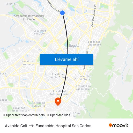 Avenida Cali to Fundación Hospital San Carlos map