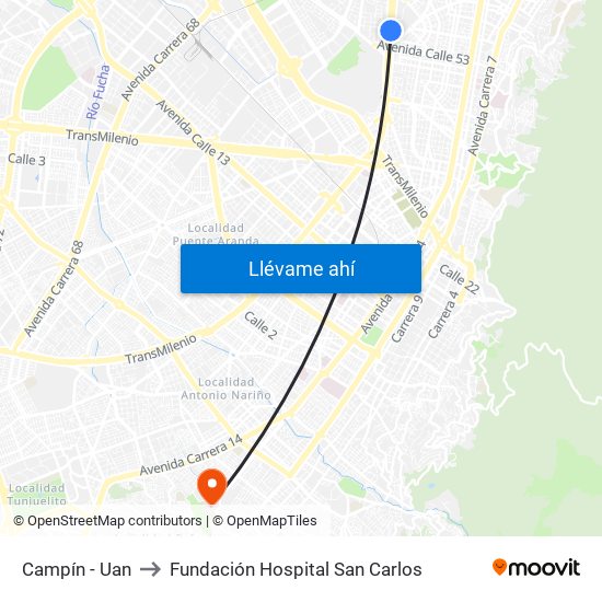 Campín - Uan to Fundación Hospital San Carlos map