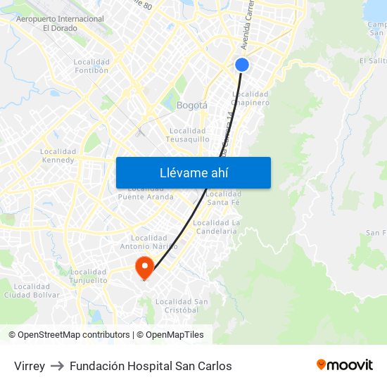 Virrey to Fundación Hospital San Carlos map