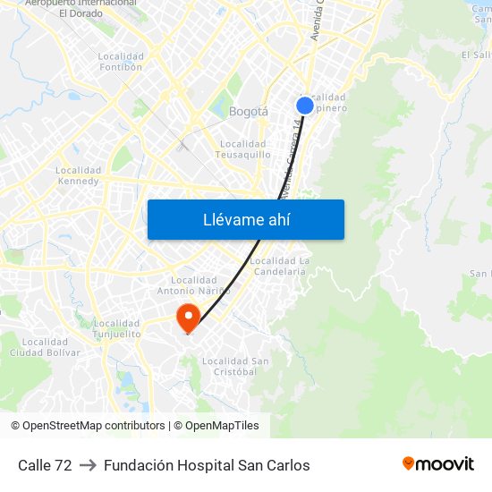 Calle 72 to Fundación Hospital San Carlos map