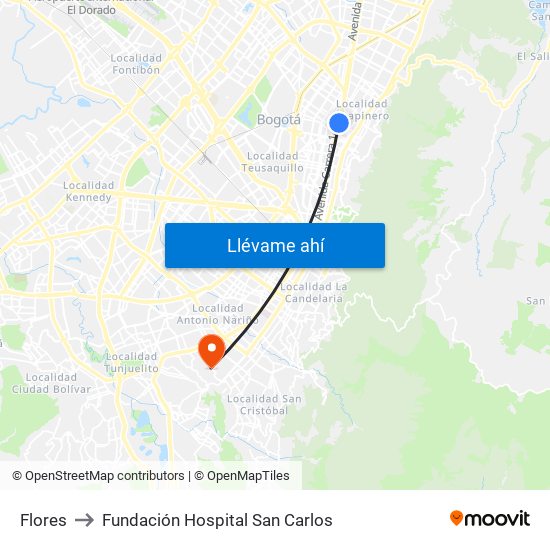 Flores to Fundación Hospital San Carlos map