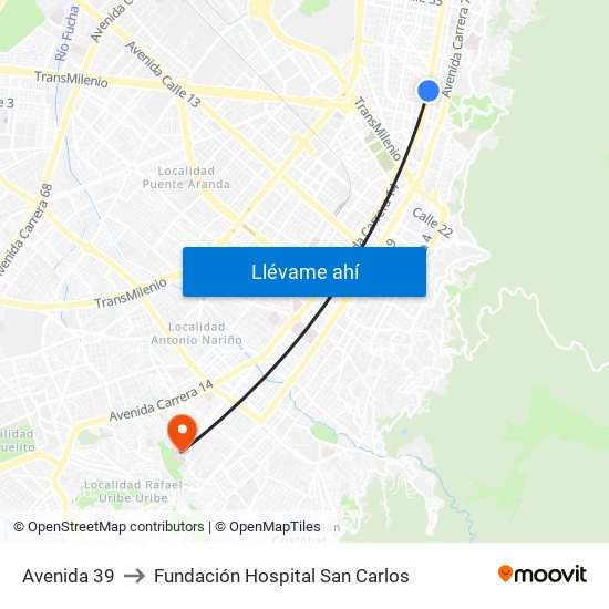 Avenida 39 to Fundación Hospital San Carlos map