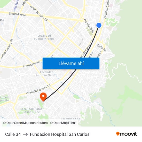 Calle 34 to Fundación Hospital San Carlos map