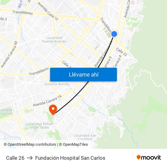 Calle 26 to Fundación Hospital San Carlos map