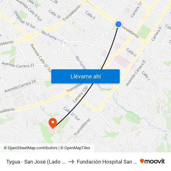 Tygua - San José (Lado Norte) to Fundación Hospital San Carlos map