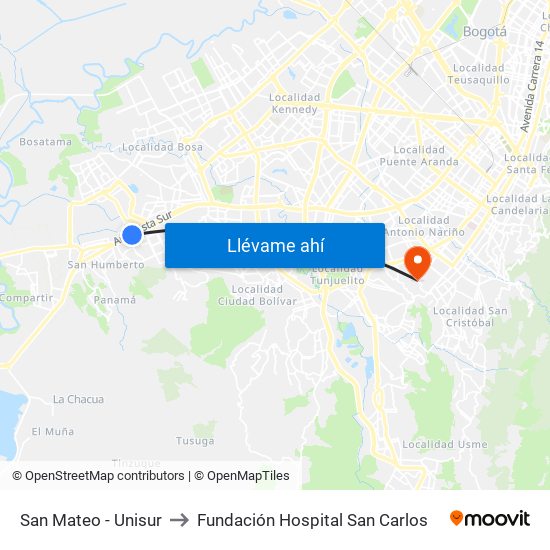 San Mateo - Unisur to Fundación Hospital San Carlos map