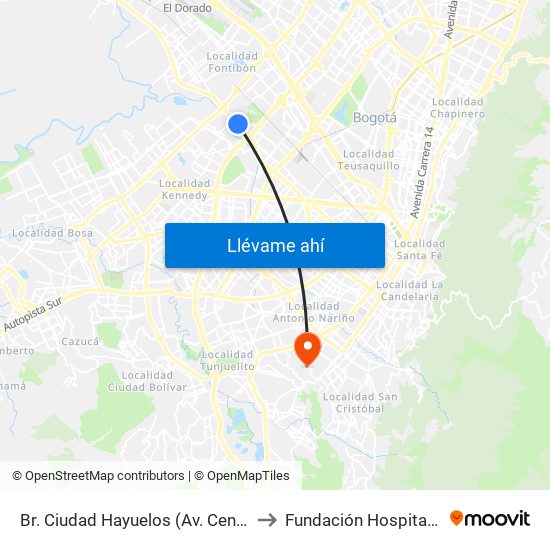 Br. Ciudad Hayuelos (Av. Centenario - Kr 78g) to Fundación Hospital San Carlos map