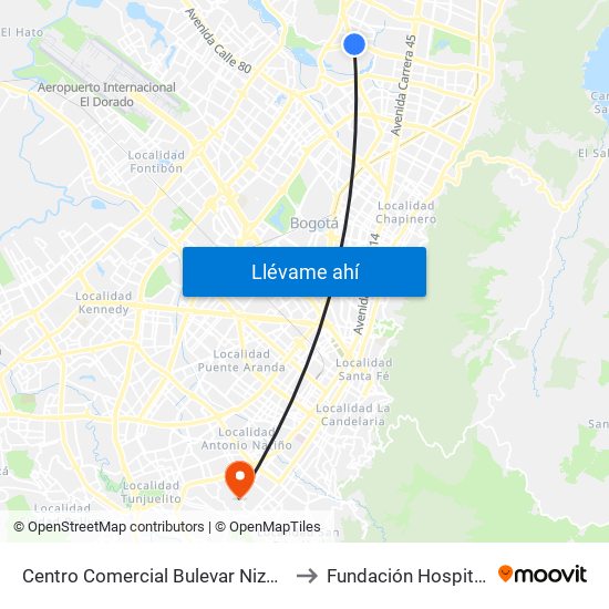Centro Comercial Bulevar Niza (Ac 127 - Av. Suba) to Fundación Hospital San Carlos map