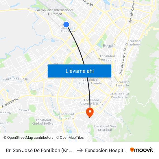 Br. San José De Fontibón (Kr 100 - Av. Esperanza) to Fundación Hospital San Carlos map