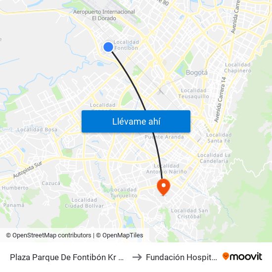 Plaza Parque De Fontibón Kr 100 (Kr 100 - Cl 17a) to Fundación Hospital San Carlos map