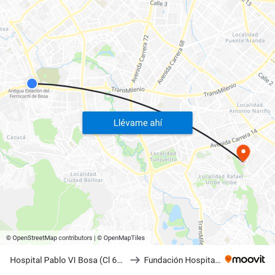 Hospital Pablo VI Bosa (Cl 63 Sur - Kr 77g) (A) to Fundación Hospital San Carlos map