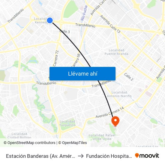 Estación Banderas (Av. Américas - Kr 78a) (A) to Fundación Hospital San Carlos map