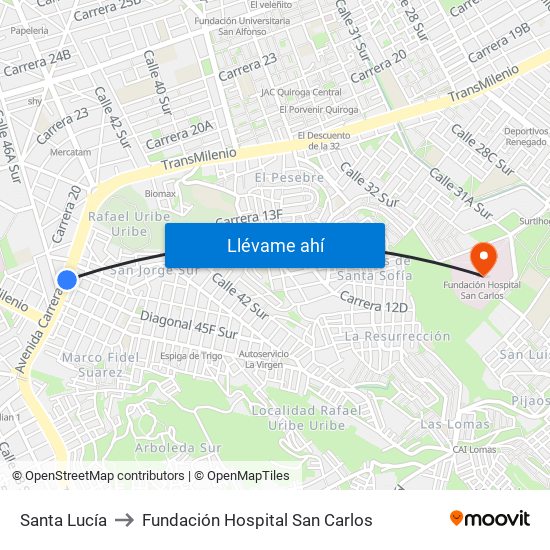 Santa Lucía to Fundación Hospital San Carlos map