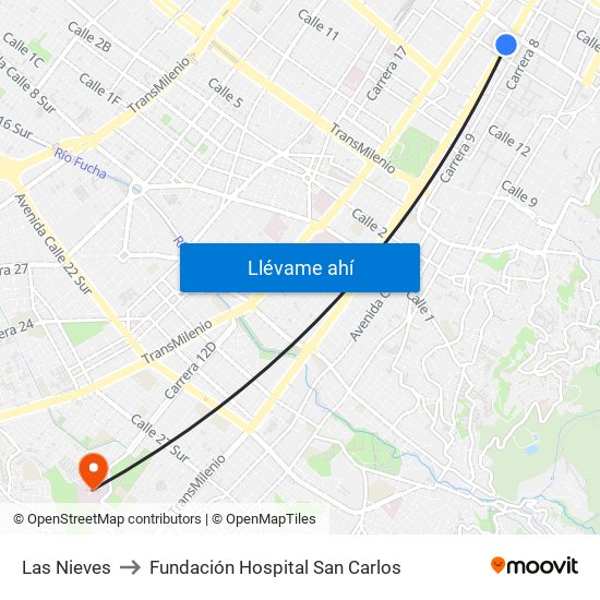 Las Nieves to Fundación Hospital San Carlos map