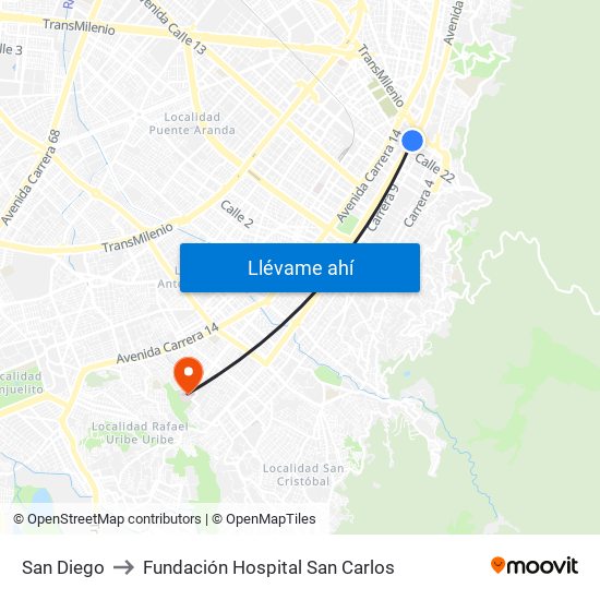 San Diego to Fundación Hospital San Carlos map