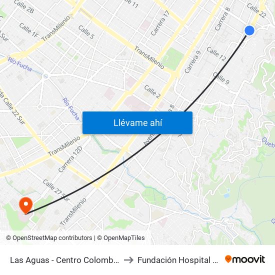 Las Aguas - Centro Colombo Americano to Fundación Hospital San Carlos map