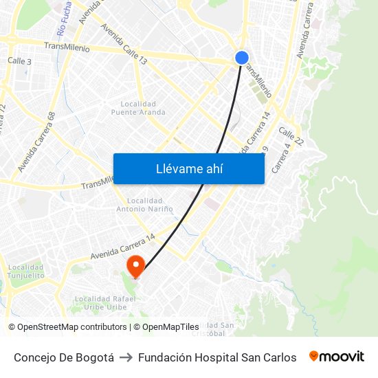 Concejo De Bogotá to Fundación Hospital San Carlos map