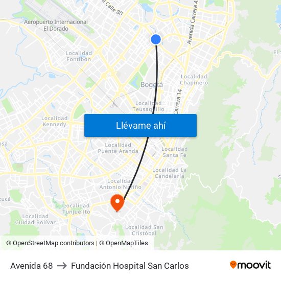 Avenida 68 to Fundación Hospital San Carlos map