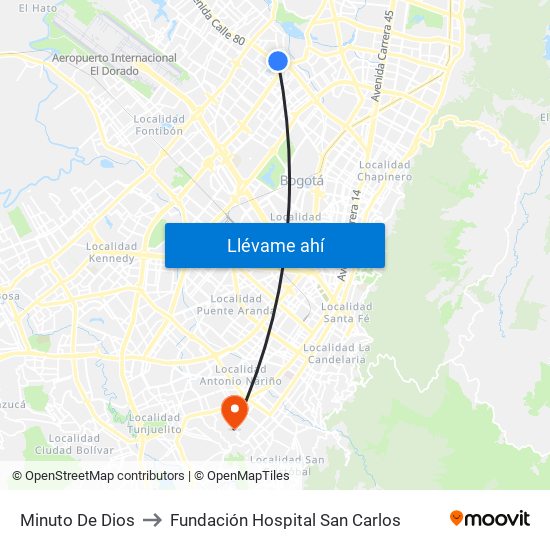 Minuto De Dios to Fundación Hospital San Carlos map