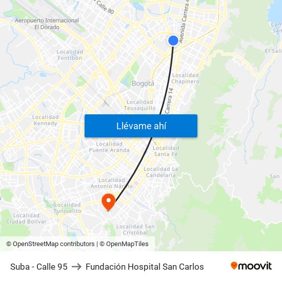 Suba - Calle 95 to Fundación Hospital San Carlos map