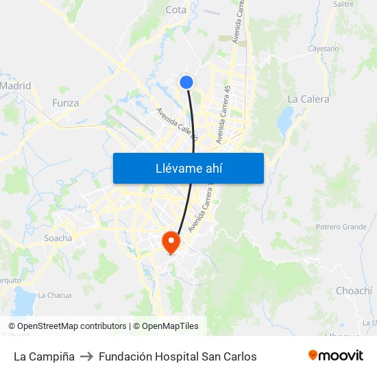 La Campiña to Fundación Hospital San Carlos map